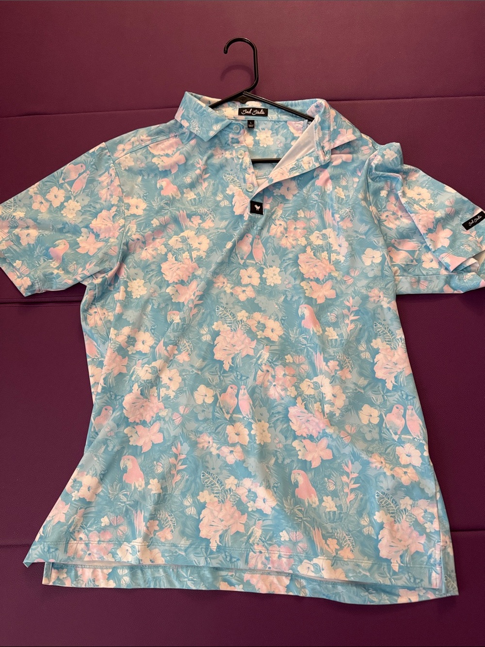 Bad Birdie Blue Polo with Pink Floral & Bird Print